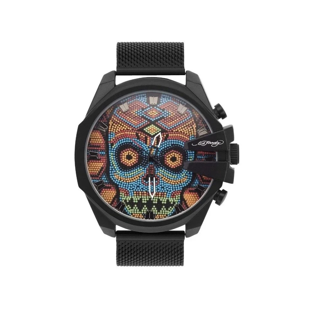 Ed Hardy Mens Beaded Skull Black Dial/Matte Black Metal Mesh Strap Watch 53 mm